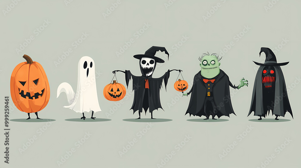 Obraz premium Halloween characters horror vector set design. Halloween character like grim reaper, ghost, pumpkin and Frankenstein.