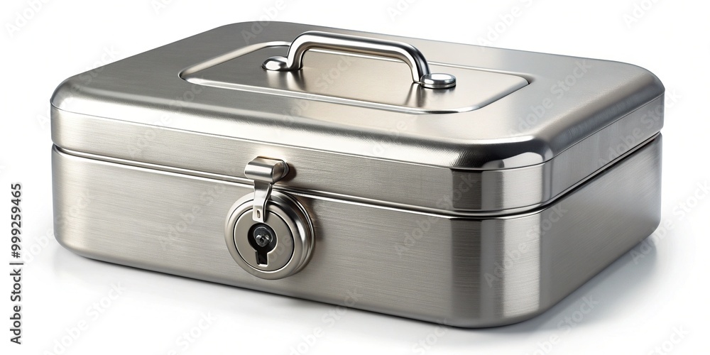 A small, sturdy metal container with a keyhole and combination lock, used for secure storage of valuable items in a safe or bank. A small, sturdy metal container with a keyhole and combination lock, used for secure storage of valuable items in a safe or bank.