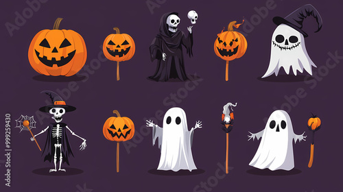 Halloween characters horror vector set design. Halloween character like grim reaper, ghost, pumpkin and Frankenstein.