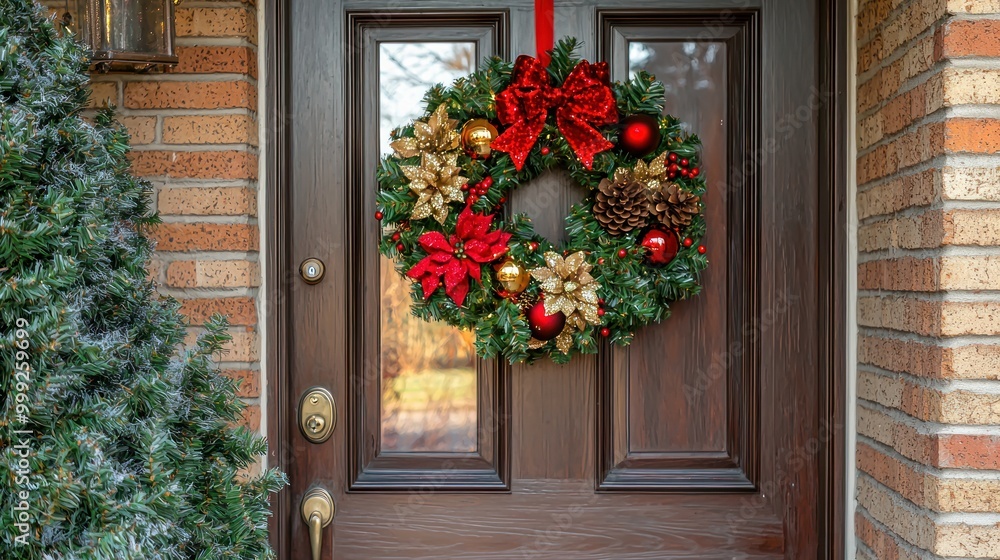 Festive wreath on a door with holiday decorations, adding a touch of celebration to the entrance. Festive wreath on a door with holiday decorations, adding a touch of celebration to the entrance.