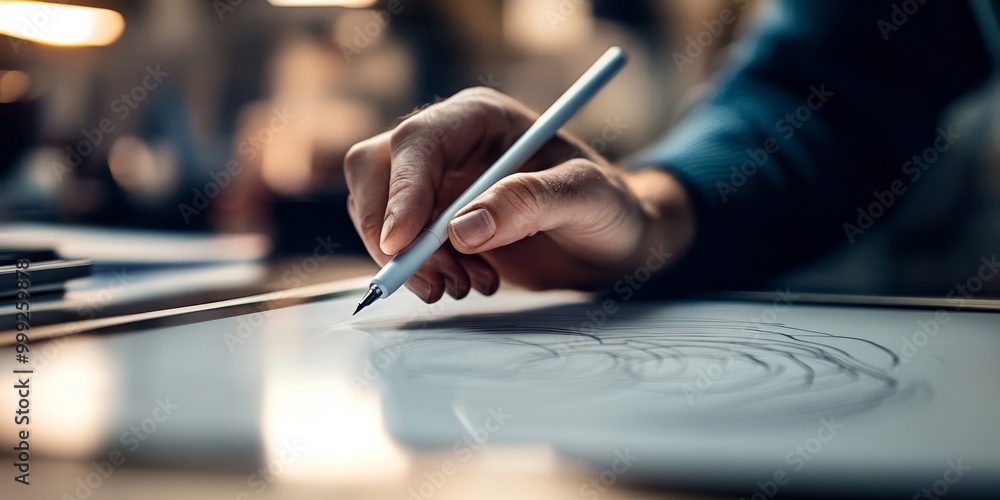 Detailed view of a tablet stylus in use, drawing precise lines on the screen, showing off an artistic interface for digital creativity tools. Detailed view of a tablet stylus in use, drawing precise lines on the screen, showing off an artistic interface for digital creativity tools.