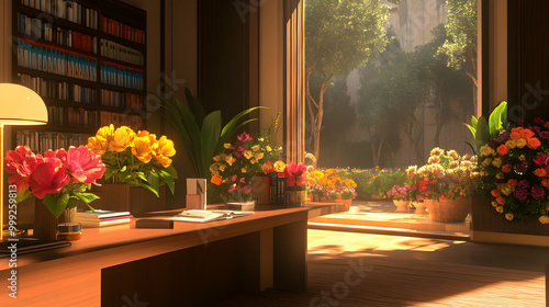 A sunny and inviting library interior with a view of a garden.