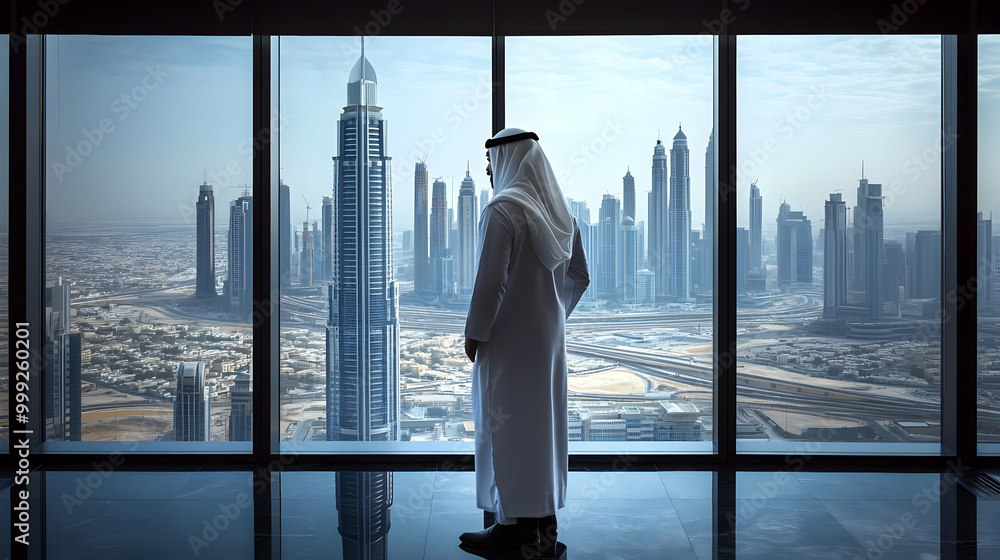 Man in White Robe Admires Cityscape From High-Rise Window Man in White Robe Admires Cityscape From High-Rise Window