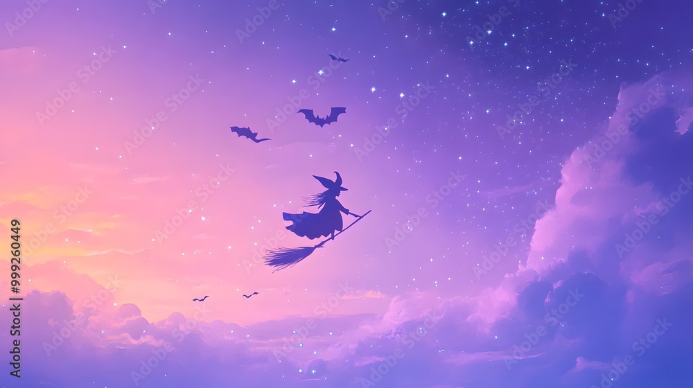 A soft blue witch on a broomstick flying through a pastel purple sky with tiny stars and bats A soft blue witch on a broomstick flying through a pastel purple sky with tiny stars and bats