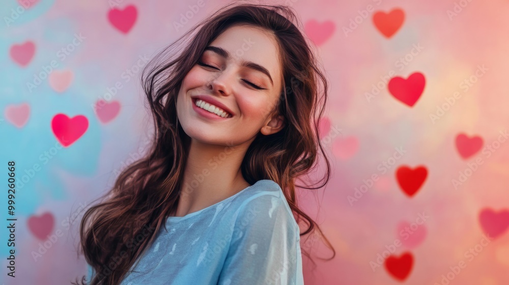 Radiant and Joyous Woman with Flowing Hair in Pink and Blue Background Radiant and Joyous Woman with Flowing Hair in Pink and Blue Background