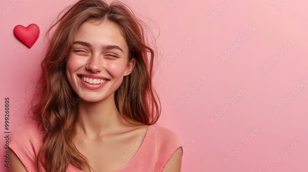 Radiant and Confident Young Woman Smiling with Joyful Expression Against Pink Background Radiant and Confident Young Woman Smiling with Joyful Expression Against Pink Background