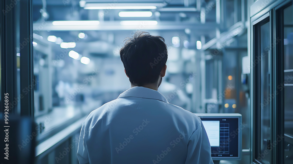 Back view of engineer assessing quality control in a production line with digital equipment and clear focus on every detail in a large factory setting Back view of engineer assessing quality control in a production line with digital equipment and clear focus on every detail in a large factory setting