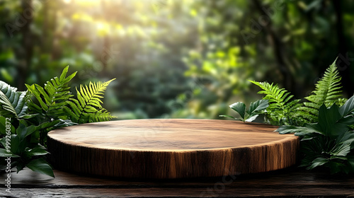 Wooden Tabletop in Lush Green Forest Setting