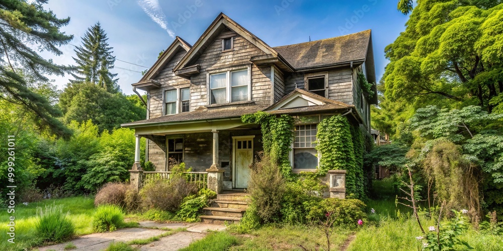 A vacant, old, suburban home with overgrown garden and worn exterior, awaiting renovation or sale after being inherited, with For Sale sign on lawn. A vacant, old, suburban home with overgrown garden and worn exterior, awaiting renovation or sale after being inherited, with For Sale sign on lawn.