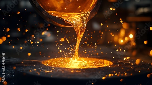 Dramatic photograph capturing the intense process of molten gold being poured from a crucible into a mold showcasing the bright glowing liquid as it flows and solidifies