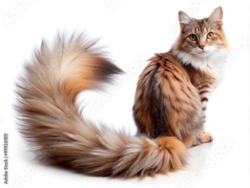 Adorable furry cat's long, fluffy tail isolated on a white background, curled and twisted in a cute, playful shape, highlighting its soft texture. photo