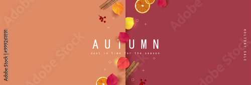 Autumn gift promotion coupon banner background decorated with autumn leaves and seasonal decorations.