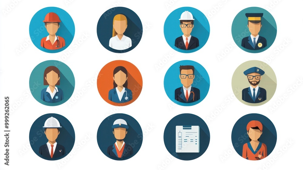 A collection of flat design career icons representing various professions. A collection of flat design career icons representing various professions.