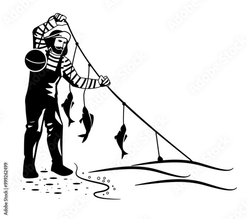 A fisher pulls out a trotline with buoy and catched fish while standing on the shore. Good fishing. Professional fishing. Black and white vector illustration.