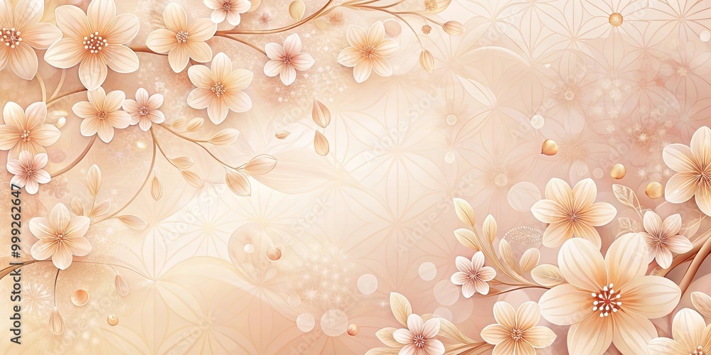 A delicate floral pattern of beige blossoms with soft, light blush hues, adorned with an intricate geometric background and subtle shimmering details. A delicate floral pattern of beige blossoms with soft, light blush hues, adorned with an intricate geometric background and subtle shimmering details.
