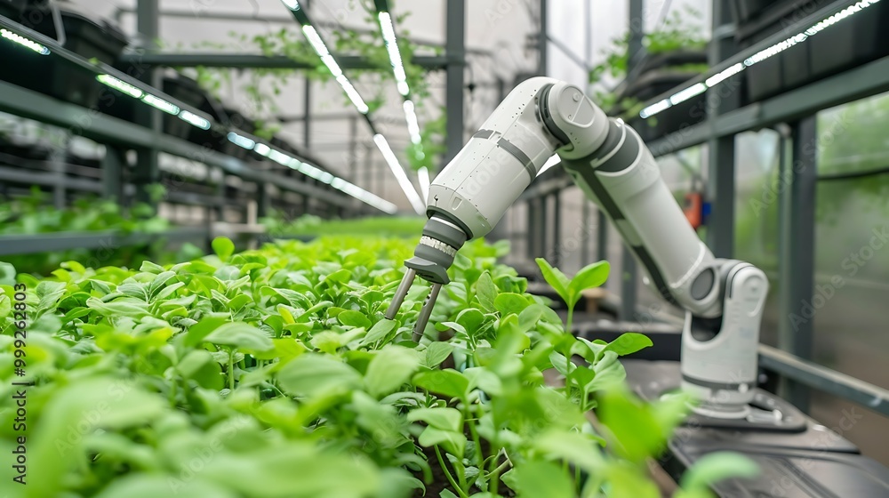 AI-powered robot monitoring crops in a futuristic indoor farm AI-powered robot monitoring crops in a futuristic indoor farm
