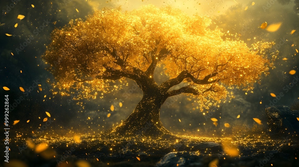 Mesmerizing golden tree with exaggerated features and glowing leaves set in a surreal enchanted landscape filled with a sense of wonder and magical atmosphere Mesmerizing golden tree with exaggerated features and glowing leaves set in a surreal enchanted landscape filled with a sense of wonder and magical atmosphere