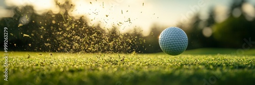 Grass divot soaring after a golf swing, dynamic motion captured against a blurred fairway and expansive sky backdrop photo