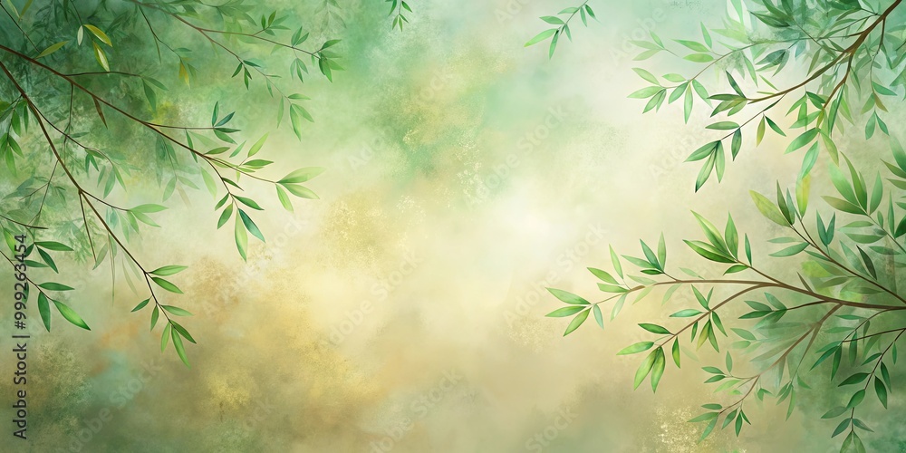 A soft green and yellow watercolor background with delicate foliage framing the empty space in the center. A soft green and yellow watercolor background with delicate foliage framing the empty space in the center.