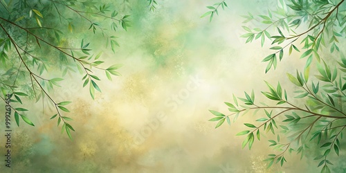 A soft green and yellow watercolor background with delicate foliage framing the empty space in the center.