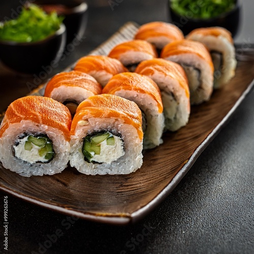 Fresh sushi rolls with depth of field showcasing vibrant seafood fillings and delicate rice