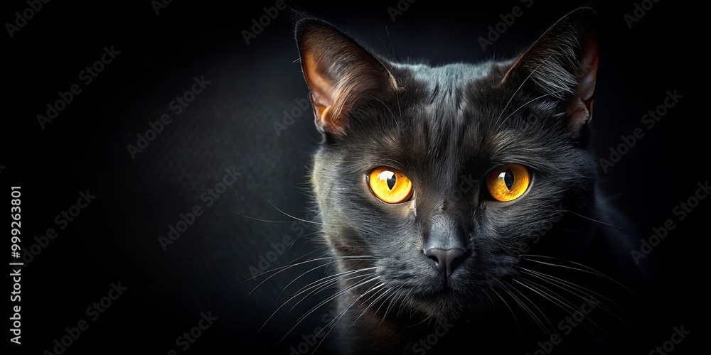 A Close-Up Portrait of a Black Cat with Bright Yellow Eyes, Its Gaze Focused and Intense, Creating a Sense of Mystery and Curiosity A Close-Up Portrait of a Black Cat with Bright Yellow Eyes, Its Gaze Focused and Intense, Creating a Sense of Mystery and Curiosity