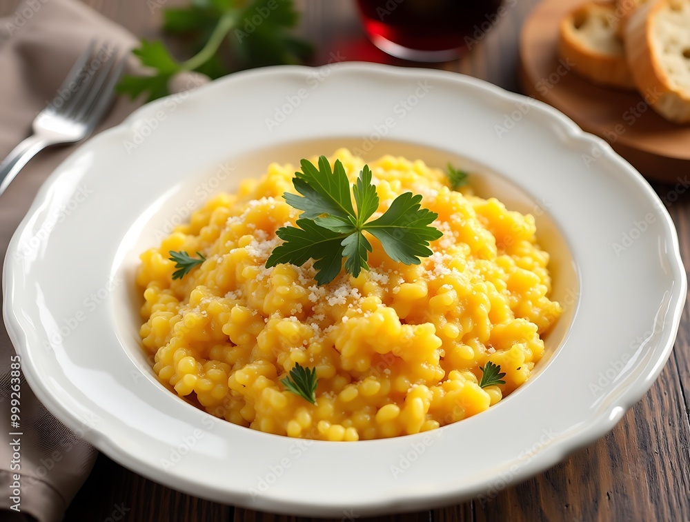 Creamy Italian Risotto alla Milanese with Saffron in a Traditional Style Creamy Italian Risotto alla Milanese with Saffron in a Traditional Style