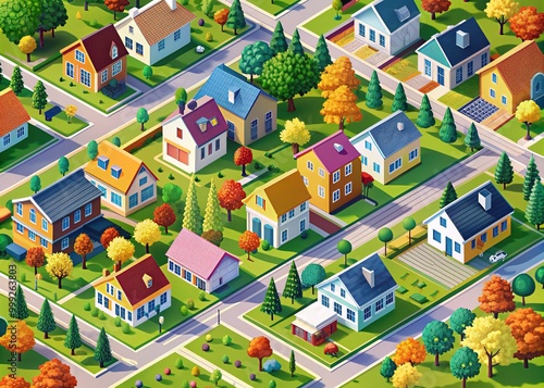 Brightly colored isometric illustration of a diverse suburban neighborhood with houses, apartments, shops, and trees, showcasing community and urban living atmosphere. photo