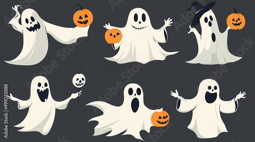 Halloween characters horror vector set design. Halloween character like grim reaper, ghost, pumpkin and Frankenstein.