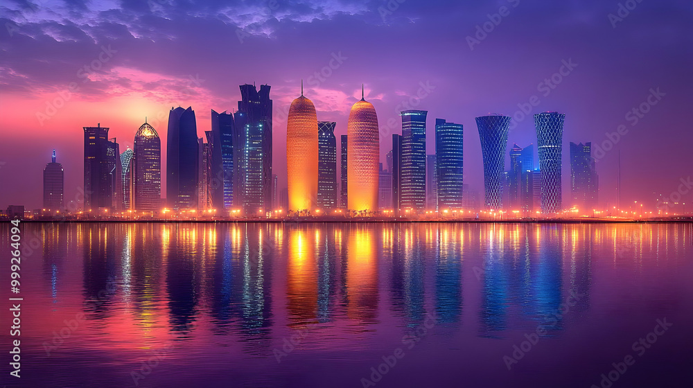 Obraz premium Skyline Reflecting in Water at Sunset