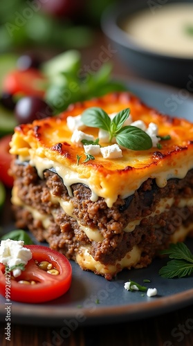 Greek Moussaka with Eggplant and Ground Lamb in a Traditional Setting photo