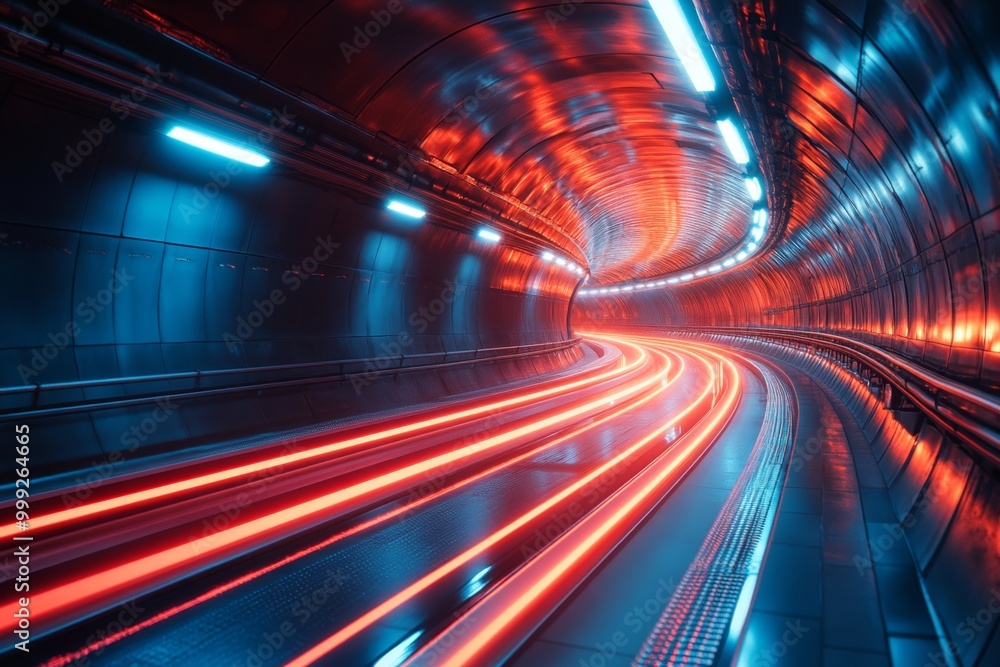 Neon-lit tunnels with moving light trails in red and blue, simulating fast data transmission through cybernetic channels Neon-lit tunnels with moving light trails in red and blue, simulating fast data transmission through cybernetic channels