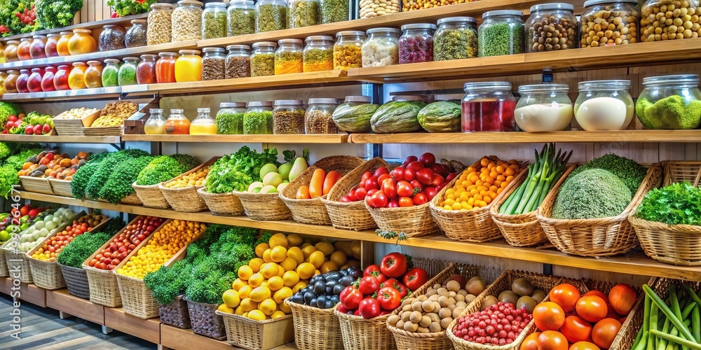 Colorful array of fresh fruits, vegetables, whole grains, and gourmet packaged goods on shelves, showcasing a well-stocked modern grocery store or supermarket atmosphere. Colorful array of fresh fruits, vegetables, whole grains, and gourmet packaged goods on shelves, showcasing a well-stocked modern grocery store or supermarket atmosphere.