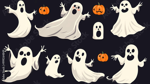 Halloween characters horror vector set design. Halloween character like grim reaper, ghost, pumpkin and Frankenstein.