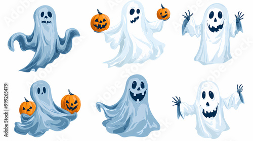 Halloween characters horror vector set design. Halloween character like grim reaper, ghost, pumpkin and Frankenstein.