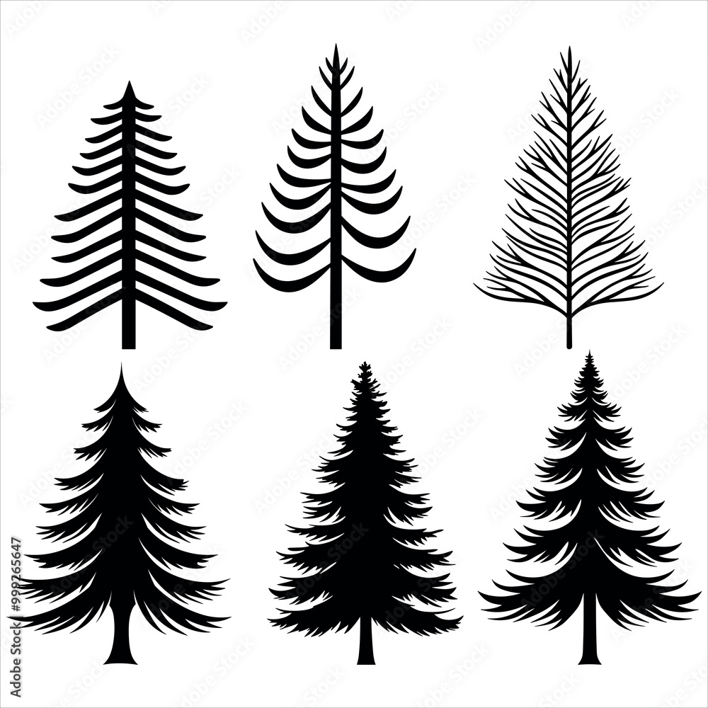 Pine Tree and forest silhouettes - Vector illustration collection of trees and wilderness nature objects - various christmas pine tree silhouette Pine Tree and forest silhouettes - Vector illustration collection of trees and wilderness nature objects - various christmas pine tree silhouette