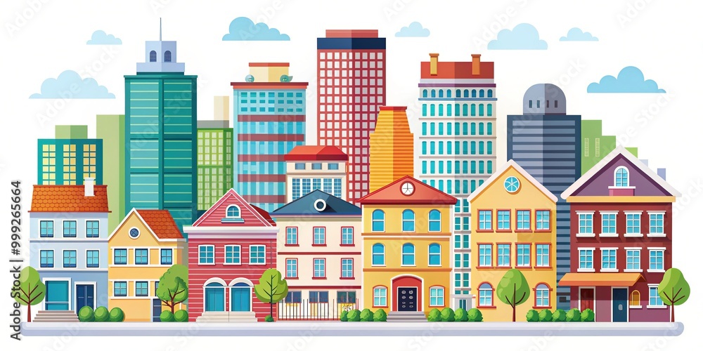 Obraz premium Colorful illustration of various home and building icons, including houses, apartments, offices, and commercial buildings, set against a clean white background.