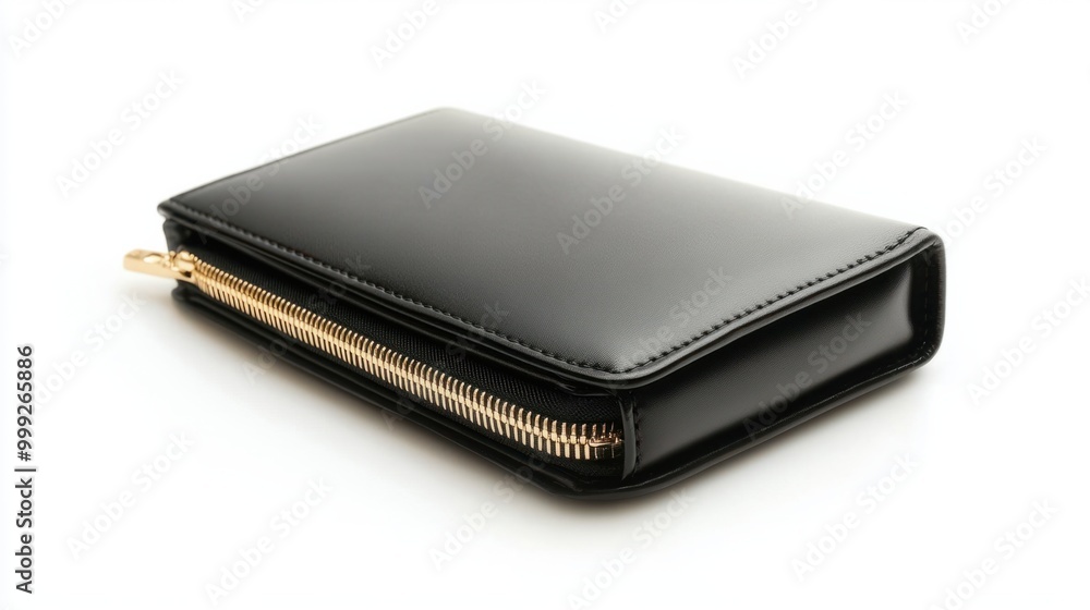 A sleek black leather lady's wallet with a gold zipper, isolated on a white background A sleek black leather lady's wallet with a gold zipper, isolated on a white background