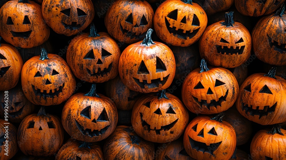 A large stack of carved halloween pumpkins with spooky faces. on a black background A large stack of carved halloween pumpkins with spooky faces. on a black background