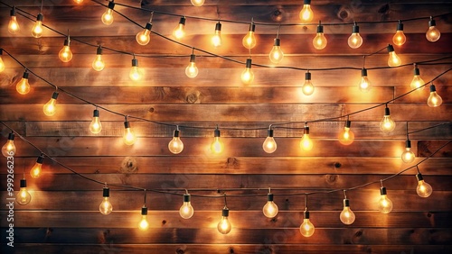 Warm incandescent lights illuminate a rustic wooden backdrop, casting a soft glow across the weathered planks.