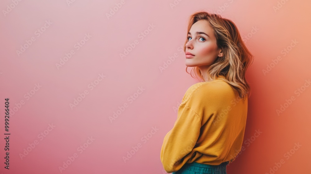 Thoughtful Young Woman Poses in Colorful Studio Setting Thoughtful Young Woman Poses in Colorful Studio Setting
