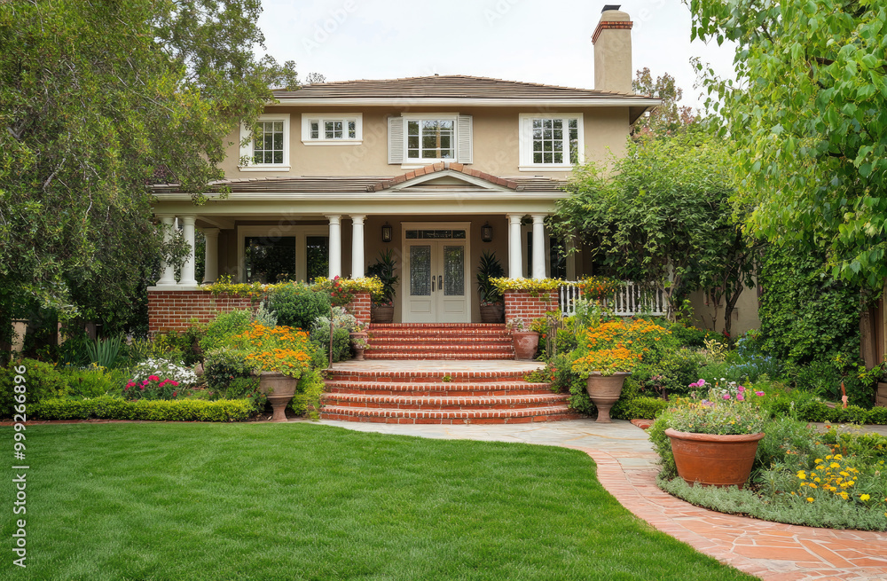 A beautiful home with a large front yard, surrounded by lush green trees and colorful flowers in the flower beds. A beautiful home with a large front yard, surrounded by lush green trees and colorful flowers in the flower beds.