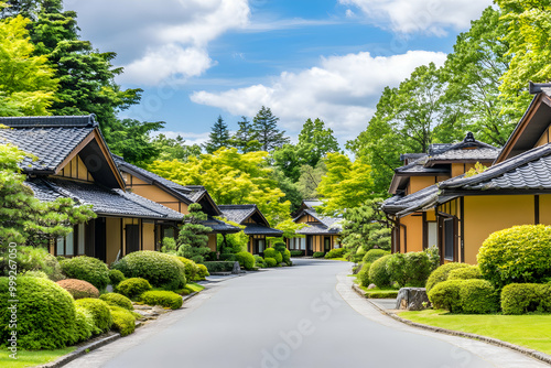 Picturesque Japanese village with traditional houses and manicured gardens.