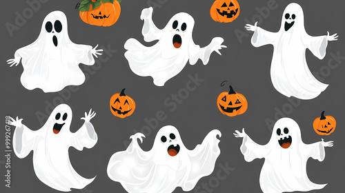 Halloween characters horror vector set design. Halloween character like grim reaper, ghost, pumpkin and Frankenstein.