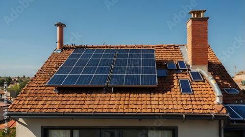 a house where solar panels are installed at the rooftop, under a blue sky 