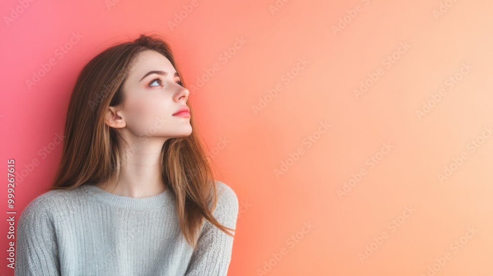 Young Woman in Contemplative Mood Gazing Thoughtfully Against Wall Young Woman in Contemplative Mood Gazing Thoughtfully Against Wall