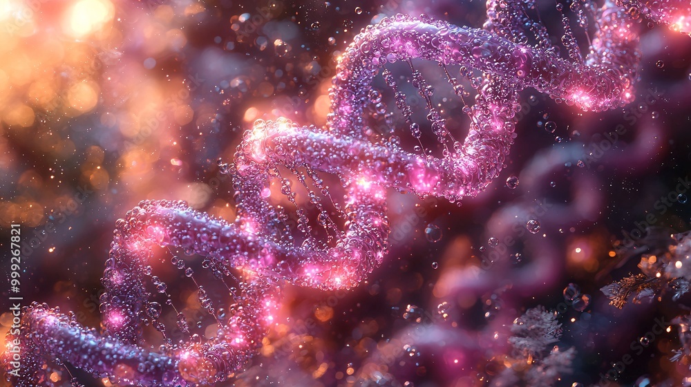 Pink DNA gently swirling through soft bubbles in a glowing, serene environment Pink DNA gently swirling through soft bubbles in a glowing, serene environment