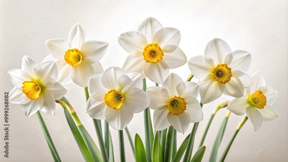 Delicate white daffodils with bright yellow centers and slender stems are beautifully isolated against a soft, creamy white background, symbolizing hope and new beginnings. Delicate white daffodils with bright yellow centers and slender stems are beautifully isolated against a soft, creamy white background, symbolizing hope and new beginnings.