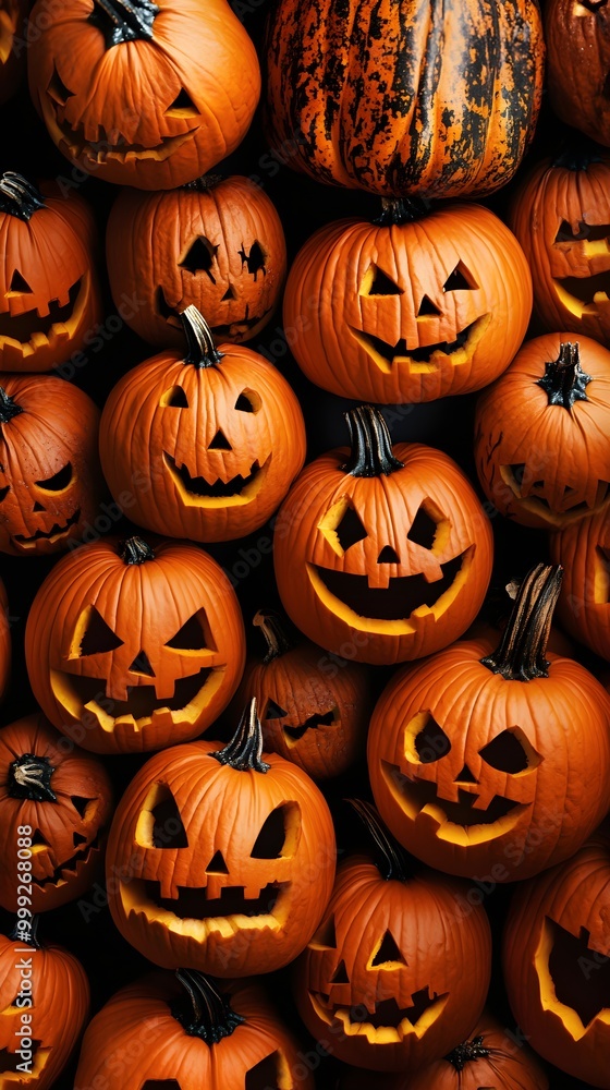 A large stack of carved halloween pumpkins with spooky faces. on a black background A large stack of carved halloween pumpkins with spooky faces. on a black background