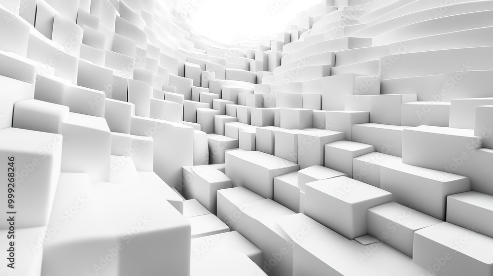 3d render of white background made of stacked cubes with central waves. 3d render of white background made of stacked cubes with central waves.
